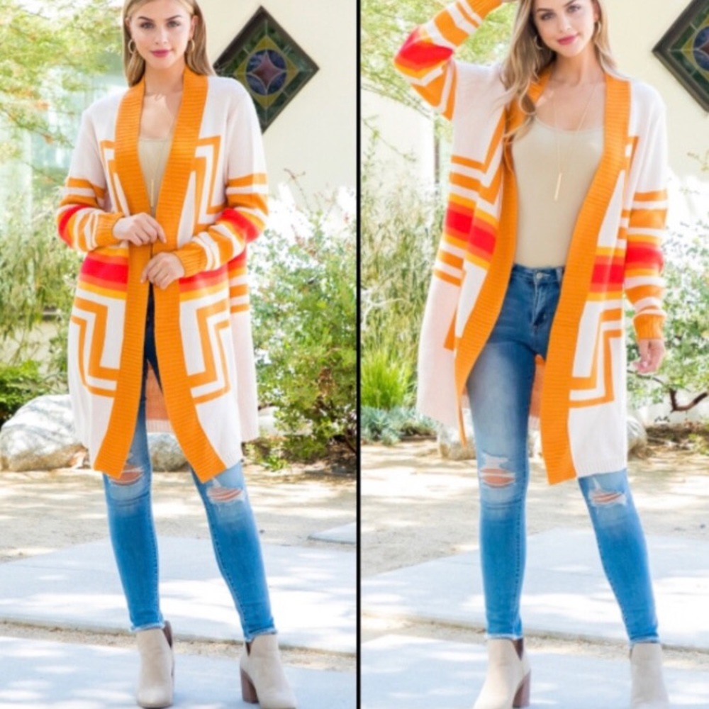 Cardigan open tribal pattern in cream, orange, gold | Size S —#040 - Picture 10 of 12